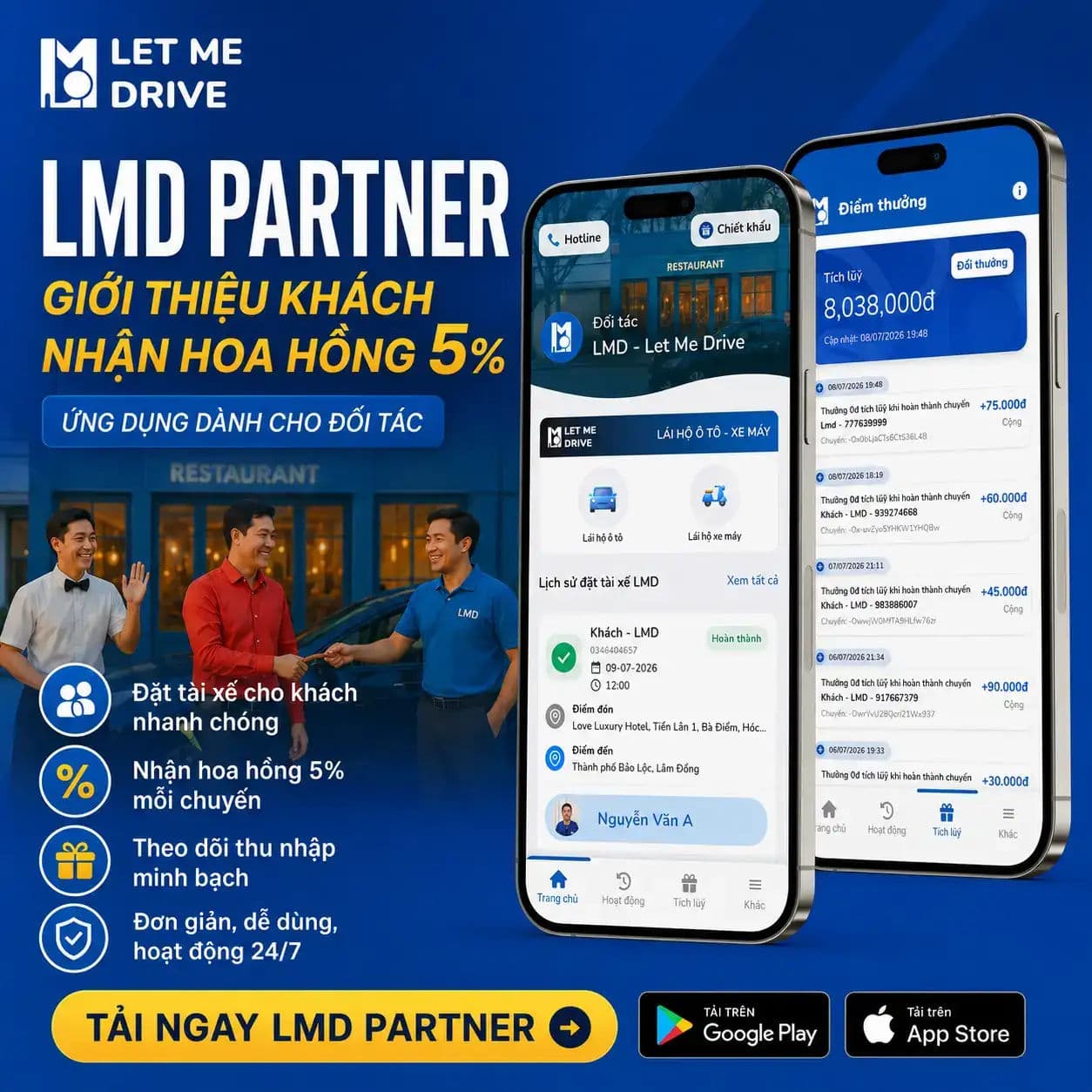 LMD partner app interface on a phone
